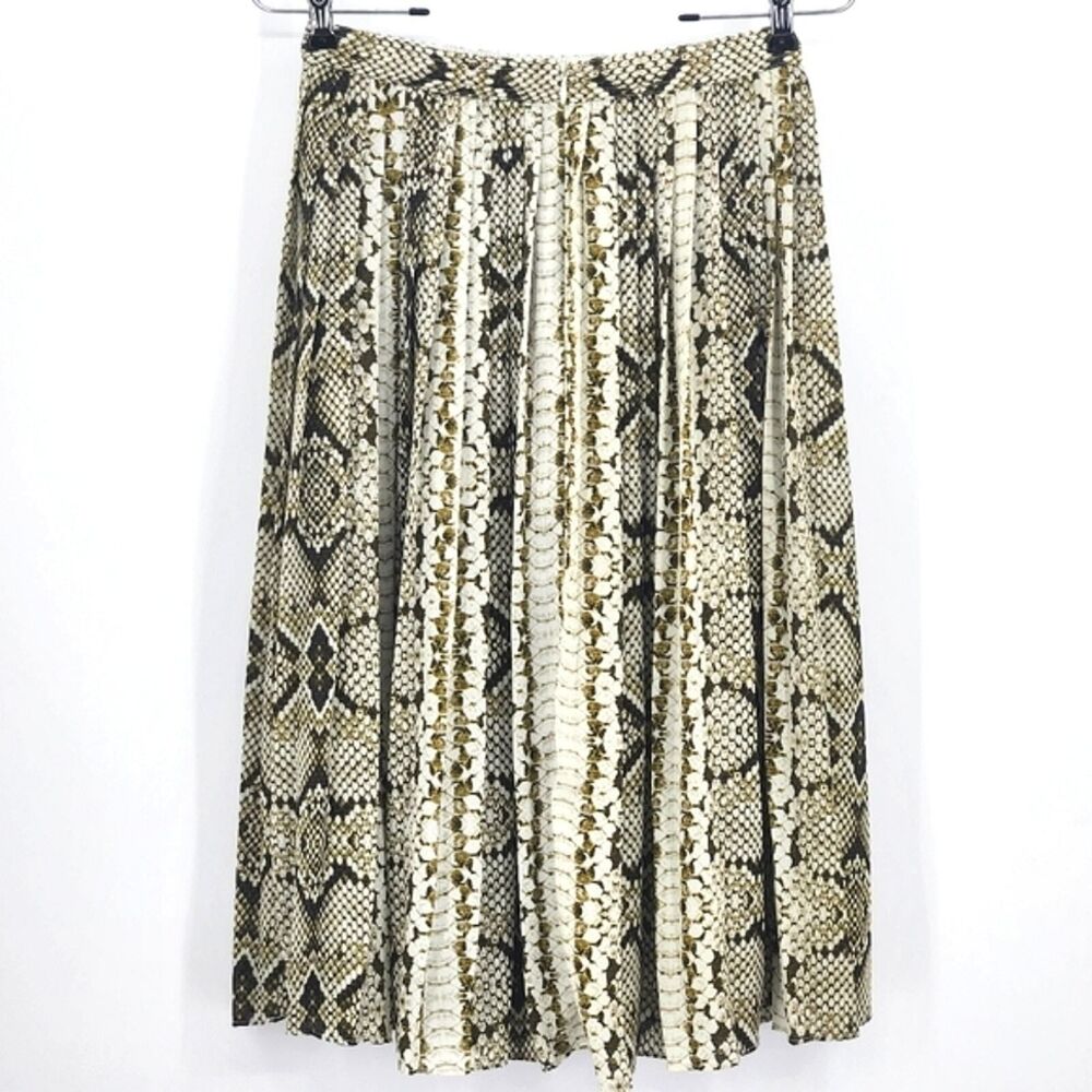 J Crew Pleated Midi Skirt Size 00 Womens Black White Green Snakeskin Print